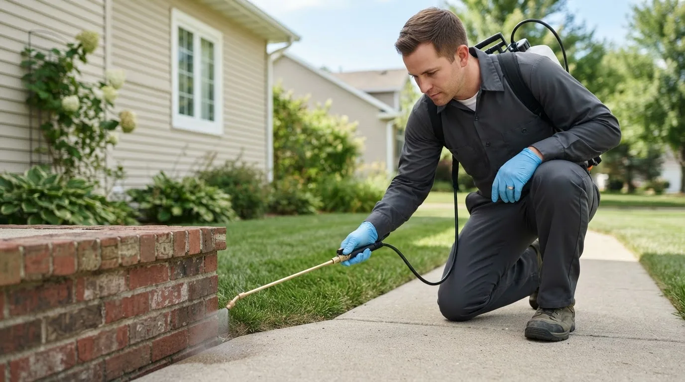 Pest control technician treating a home near Cedar Rapids, NE