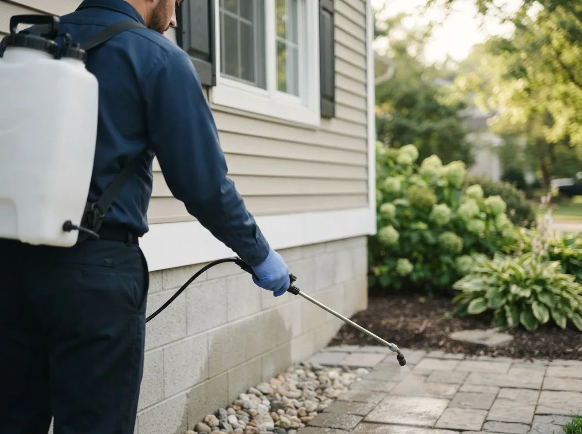 Pest control technician inspecting a home in Cedar Rapids, NE